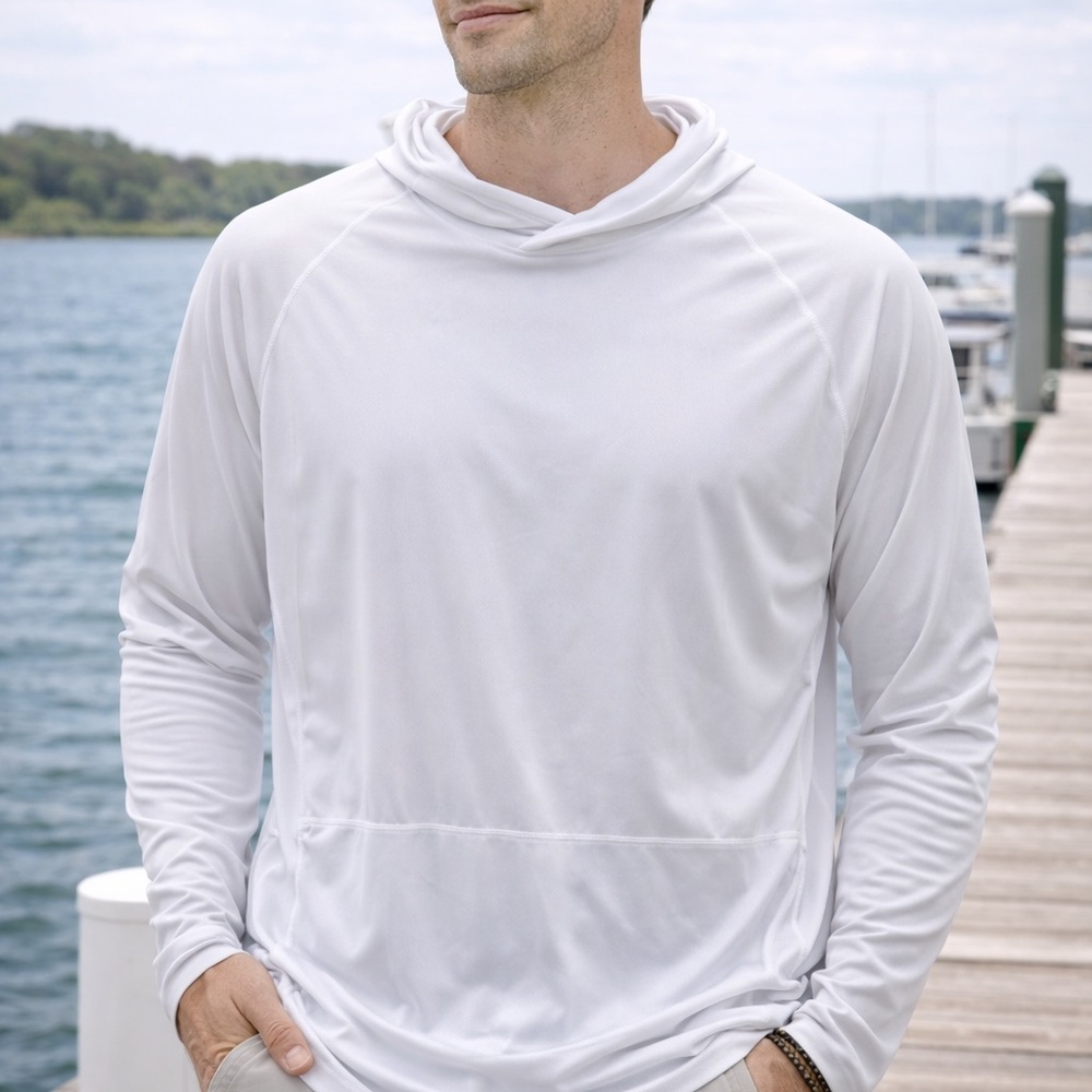 Reel Legends Lightweight White Hooded Long Sleeve Fishing Shirt